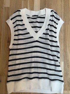 ZARA Black and White Striped Long V-Neck Knit Vest